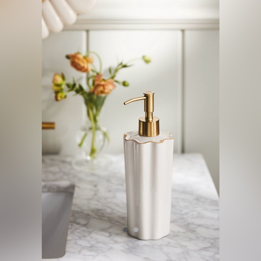NWT Anthropologie Le Marais Scalloped Soap Dispenser Cream Gold Trim